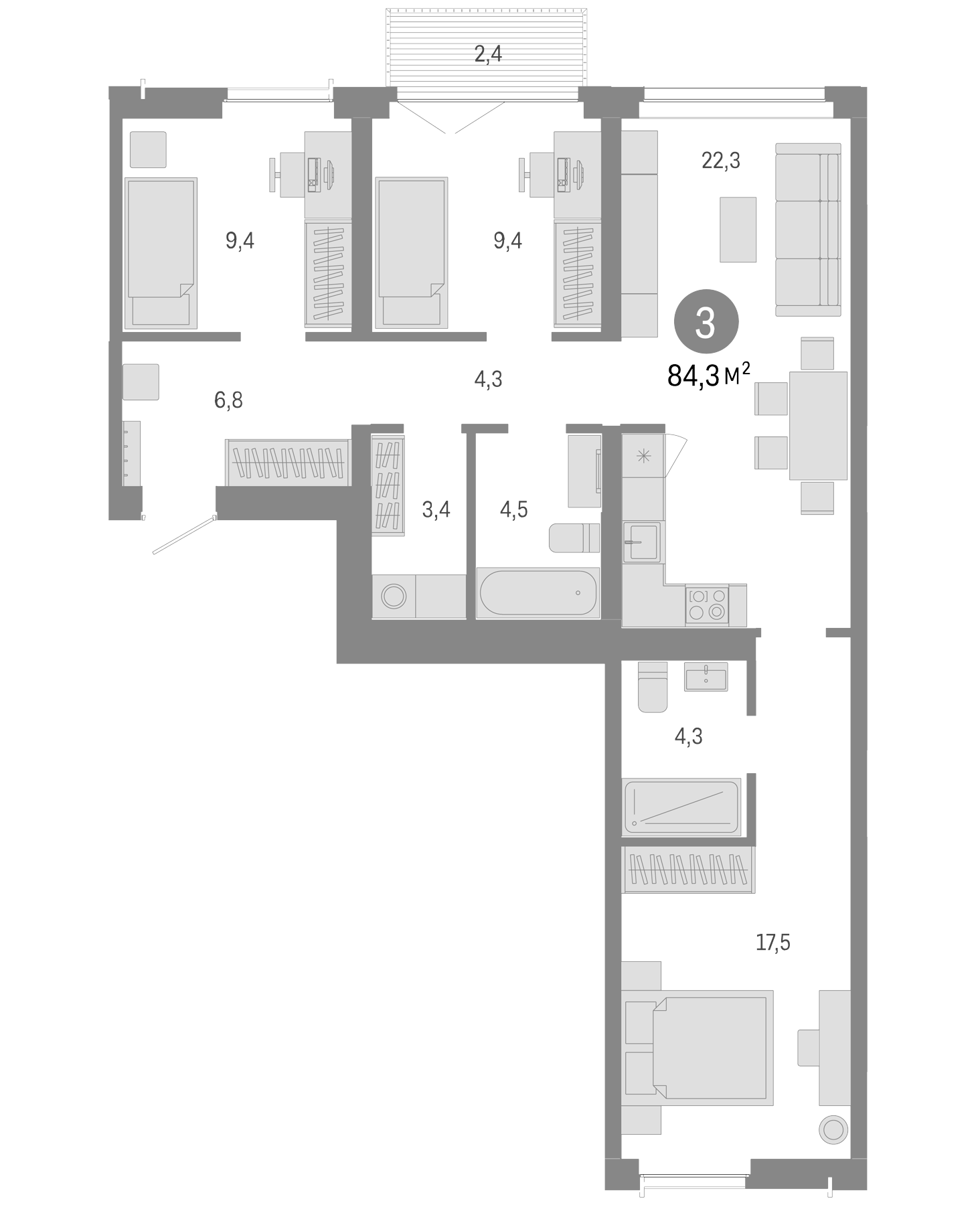 Планировка — Европейский берег, 4-комн., 82 м²