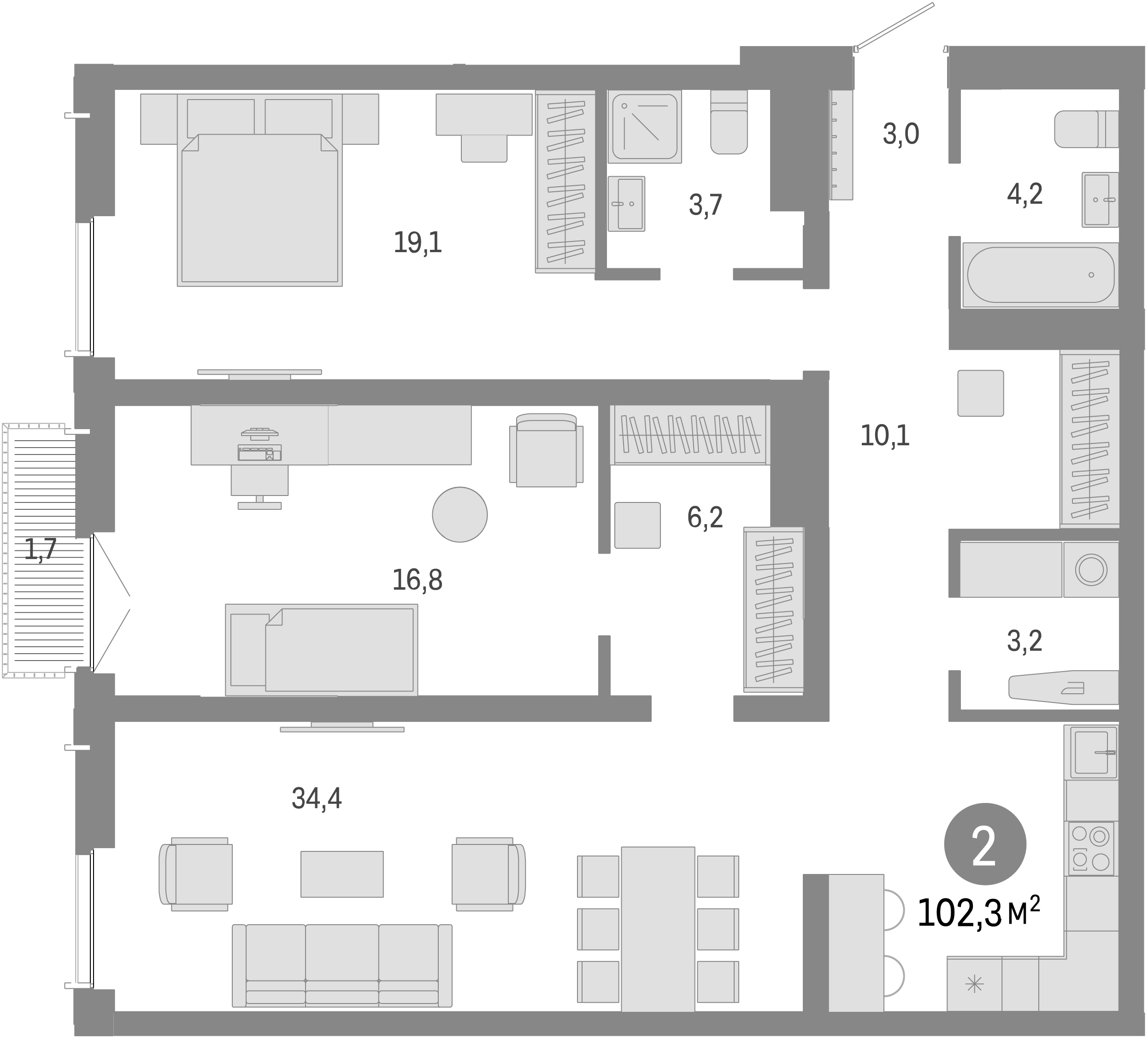 Планировка — Европейский берег, 3-комн., 101 м²