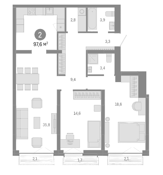Планировка — Европейский берег, 3-комн., 92 м²