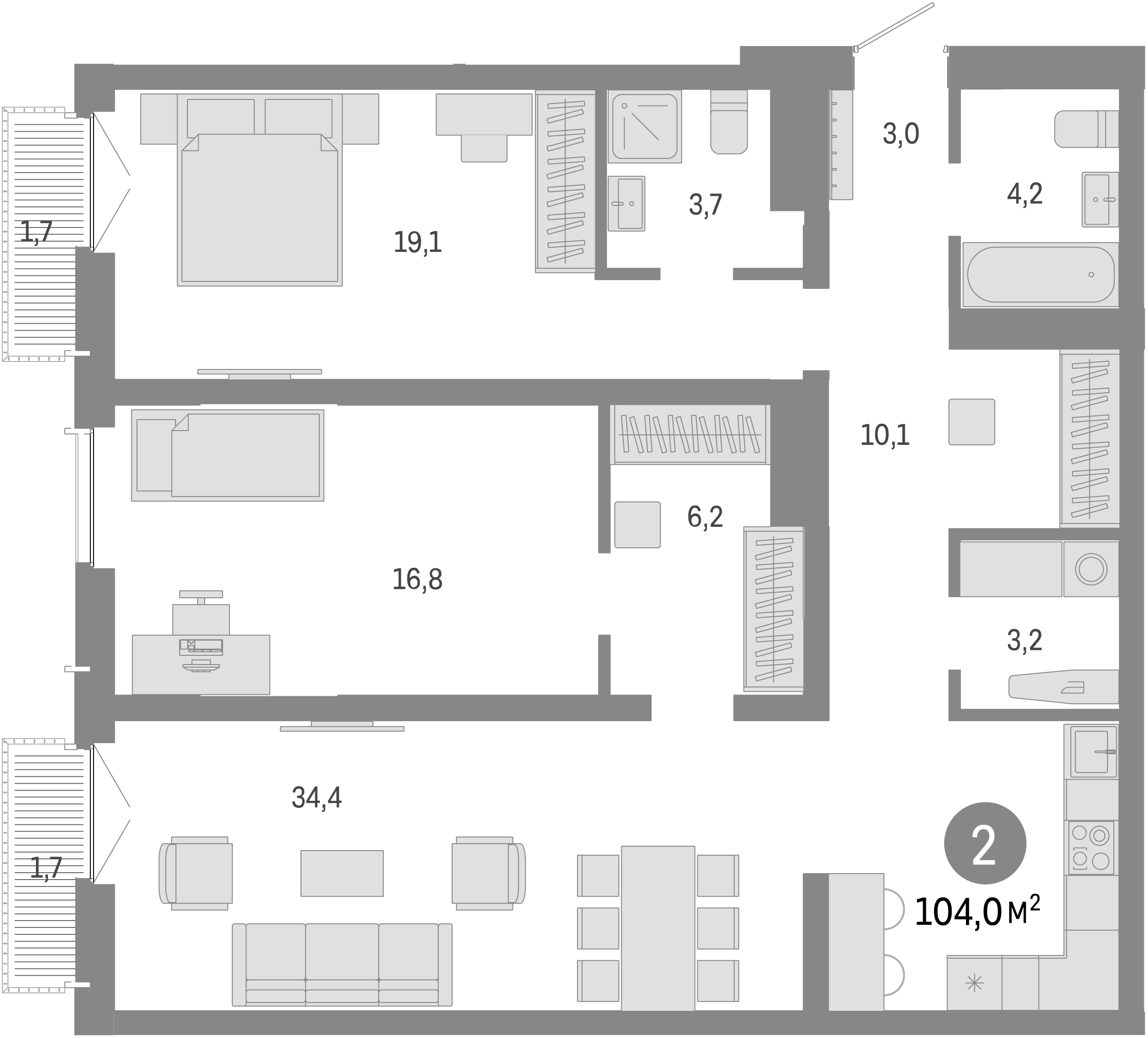 Планировка — Европейский берег, 3-комн., 101 м²