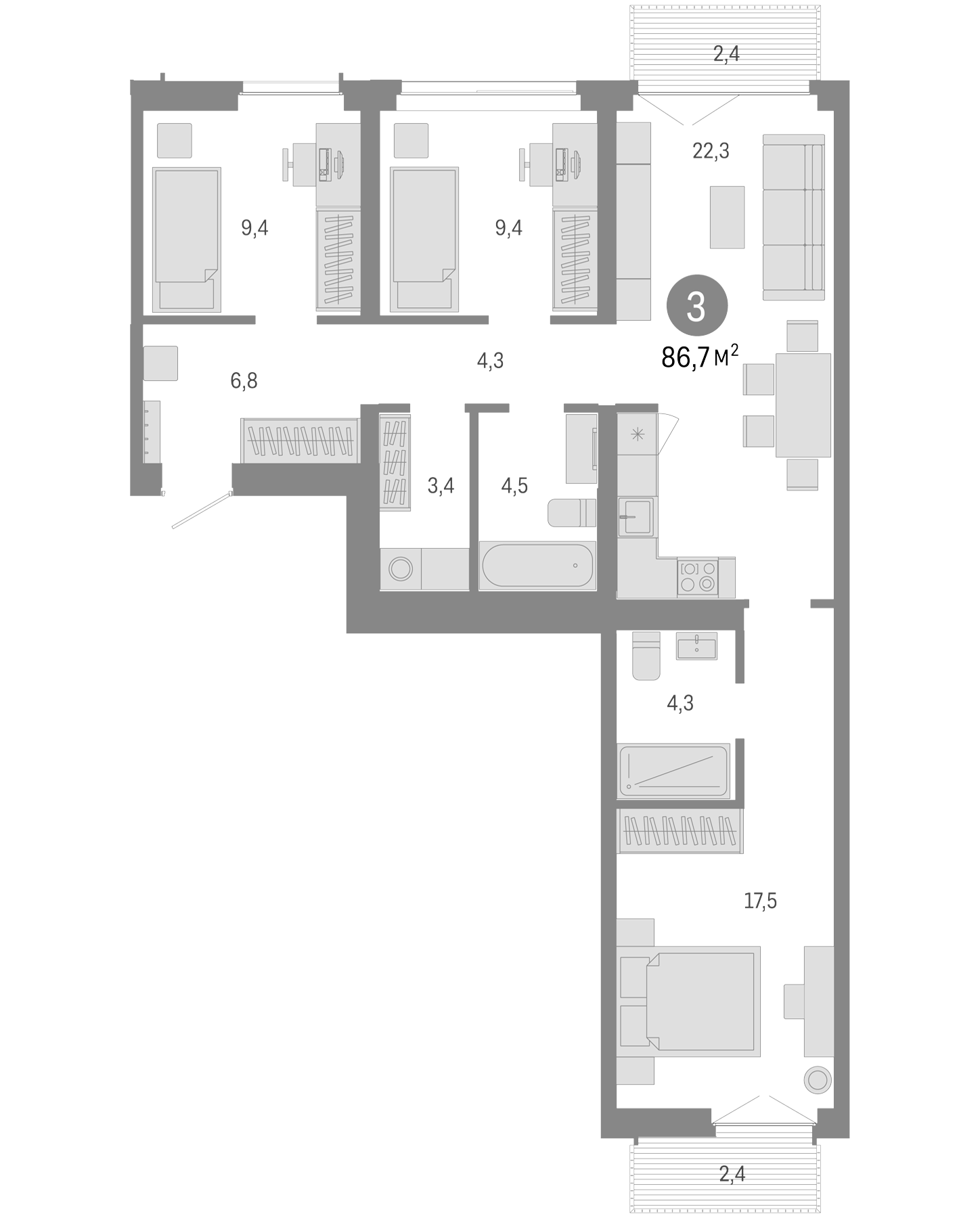 Планировка — Европейский берег, 4-комн., 82 м²