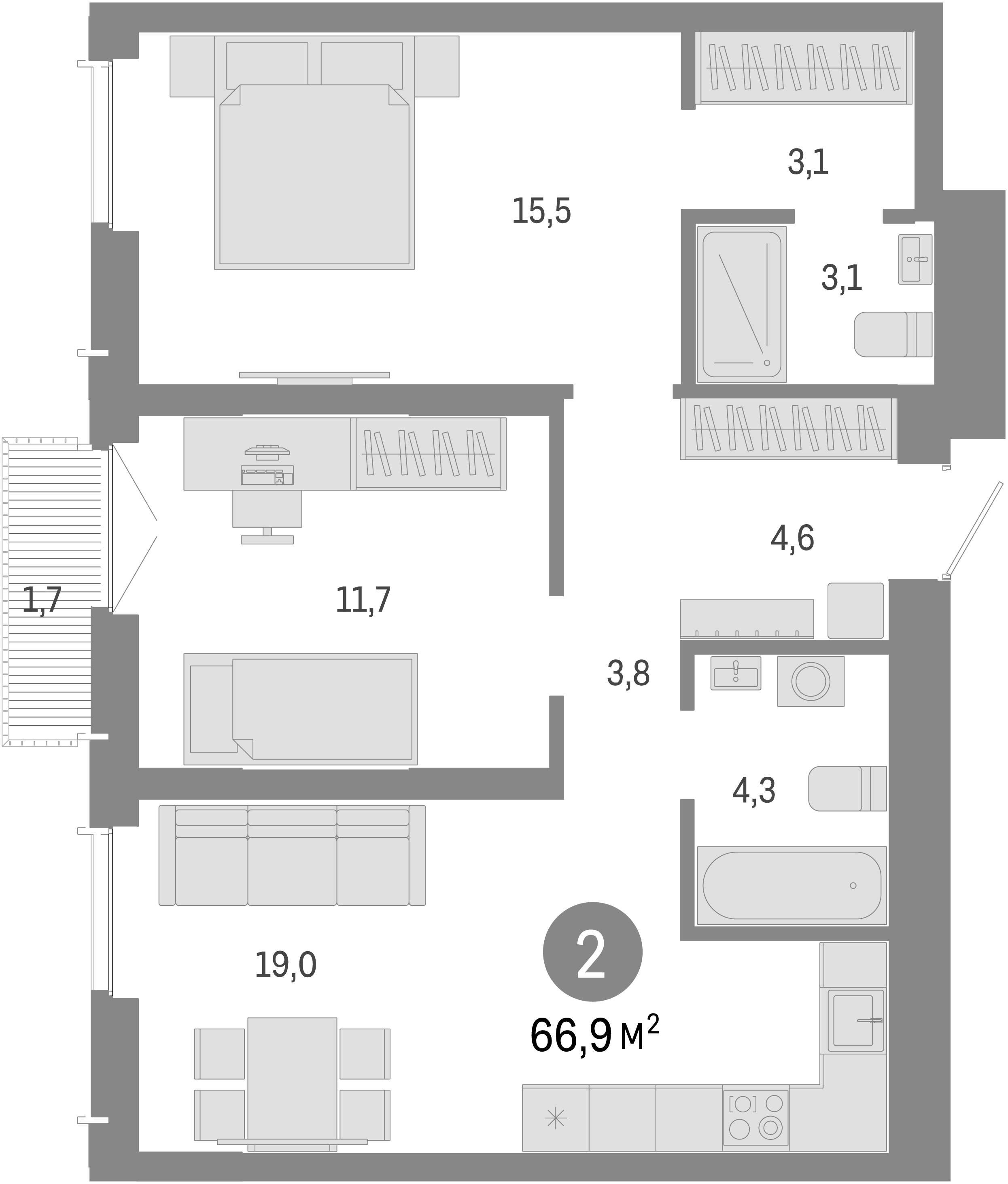 Планировка — Европейский берег, 3-комн., 65 м²