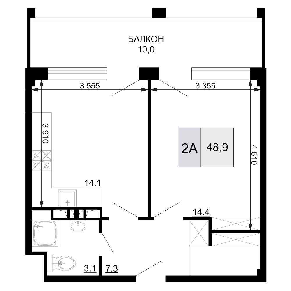 Планировка — Гостиничный комплекс Мореград, 2-комн., 39 м²