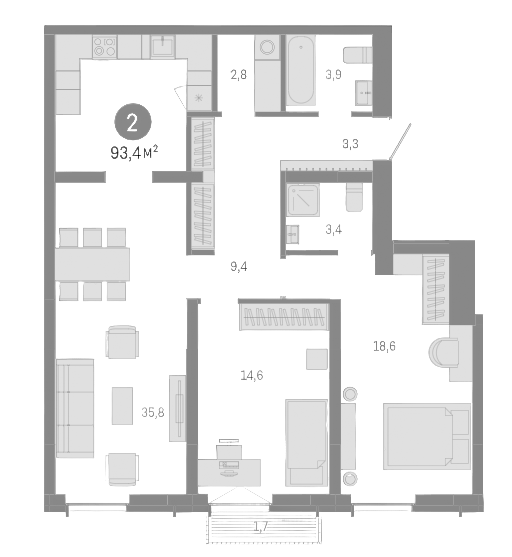 Планировка — Европейский берег, 3-комн., 92 м²