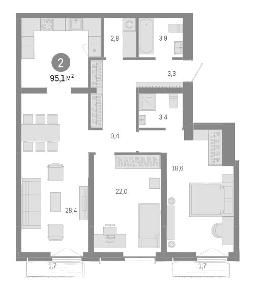 Планировка — Европейский берег, 3-комн., 92 м²