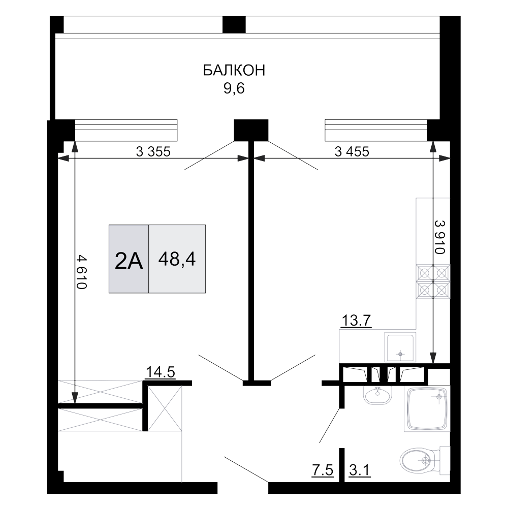 Планировка — Гостиничный комплекс Мореград, 2-комн., 39 м²