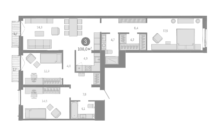 Планировка — Европейский берег, 4-комн., 105 м²