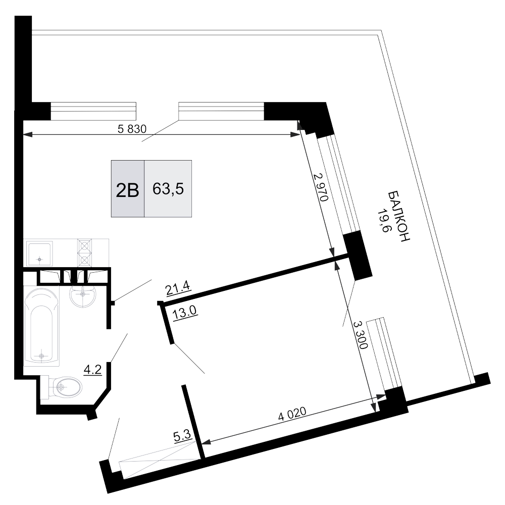Планировка — Гостиничный комплекс Мореград, 2-комн., 44 м²