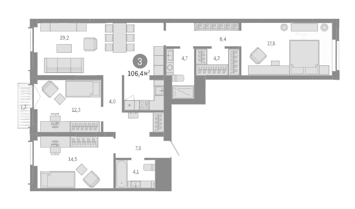 Планировка — Европейский берег, 4-комн., 105 м²