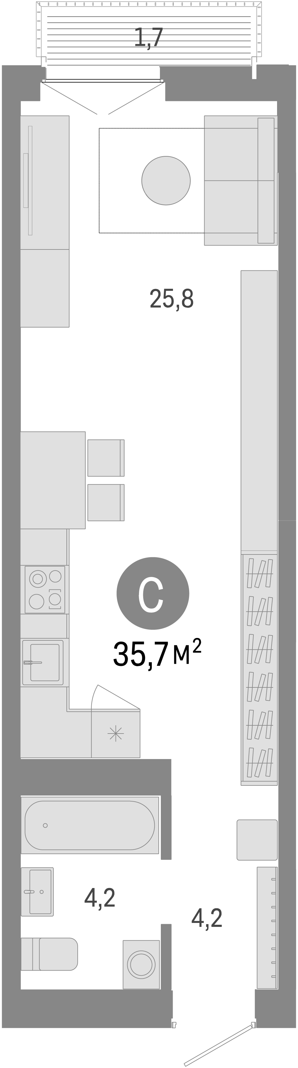 Планировка — Европейский берег, Студия, 34 м²