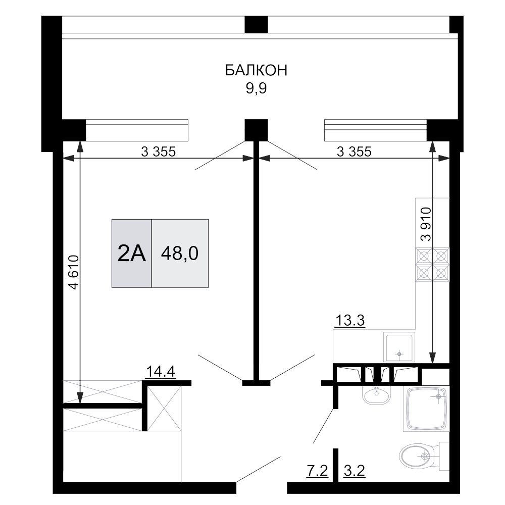 Планировка — Гостиничный комплекс Мореград, 2-комн., 38 м²