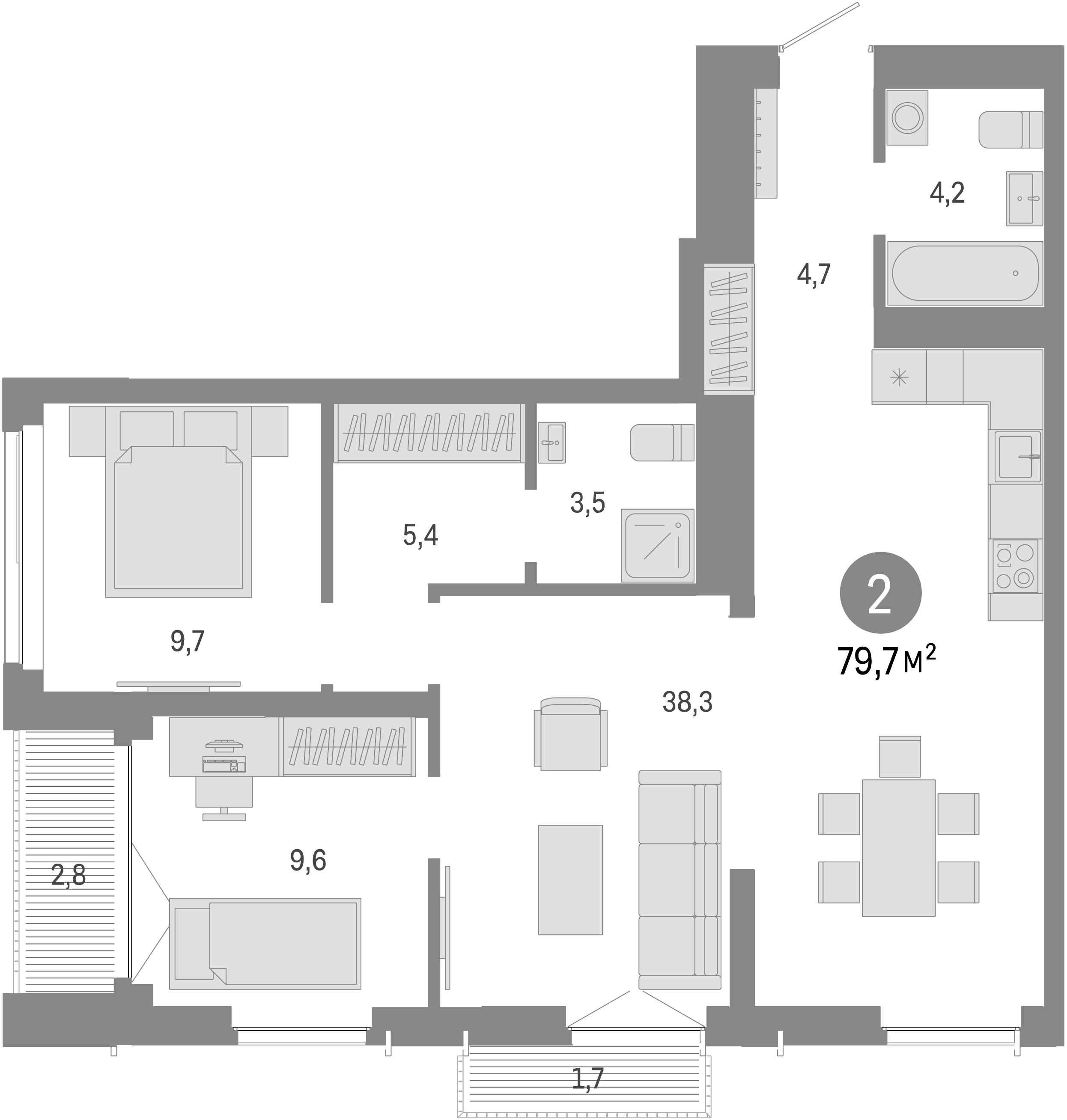 Планировка — Европейский берег, 3-комн., 75 м²