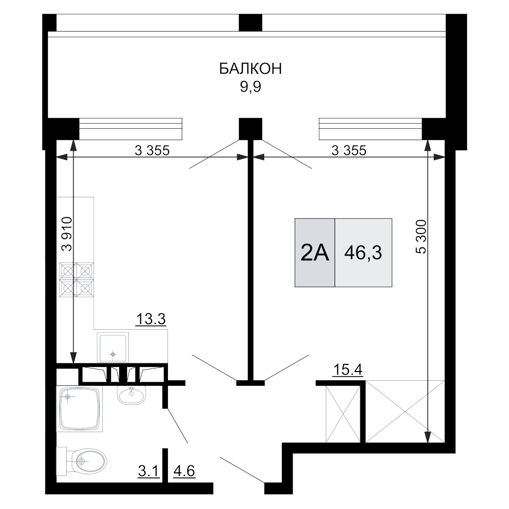 Планировка — Гостиничный комплекс Мореград, 2-комн., 36 м²