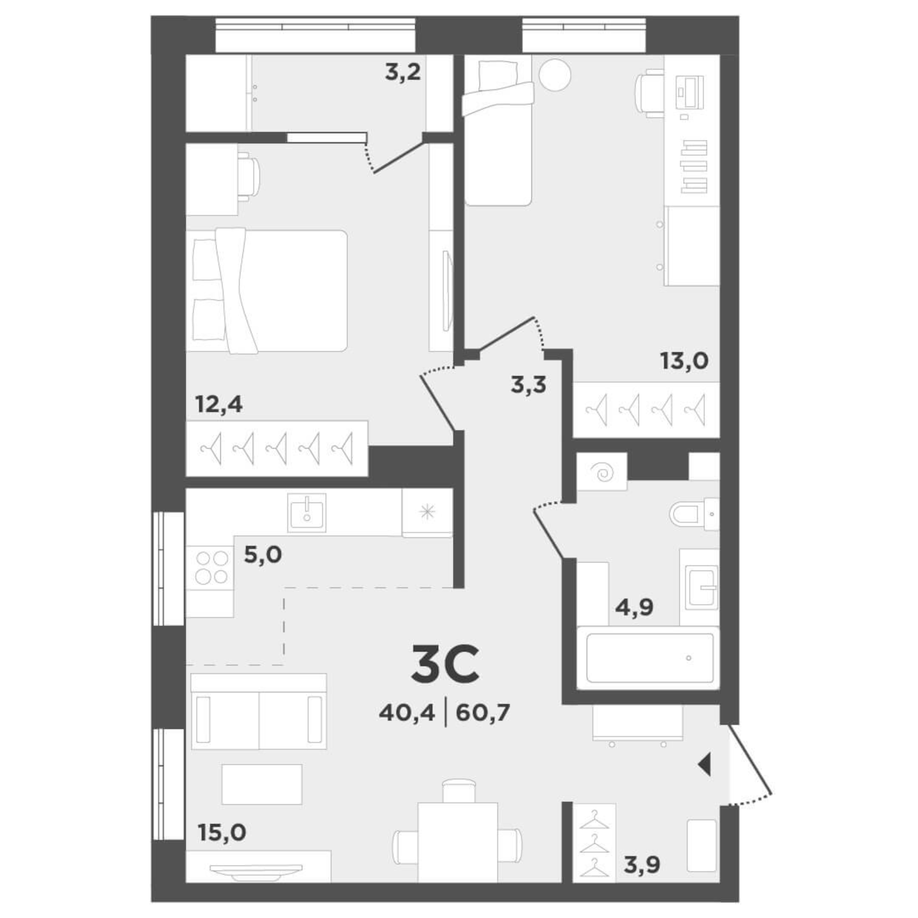 Планировка — Поколение, 3-комн., 58 м²