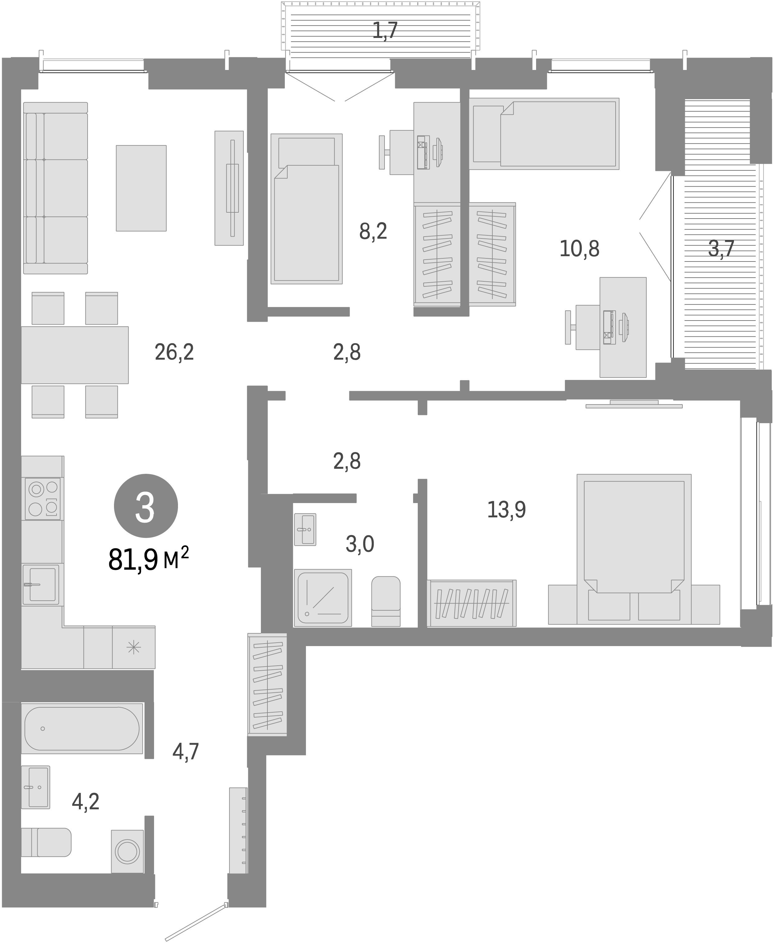 Планировка — Европейский берег, 4-комн., 77 м²