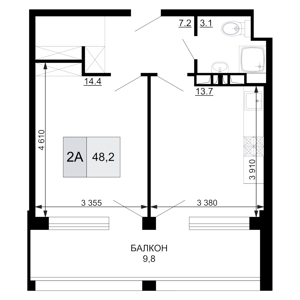 Планировка — Гостиничный комплекс Мореград, 2-комн., 38 м²