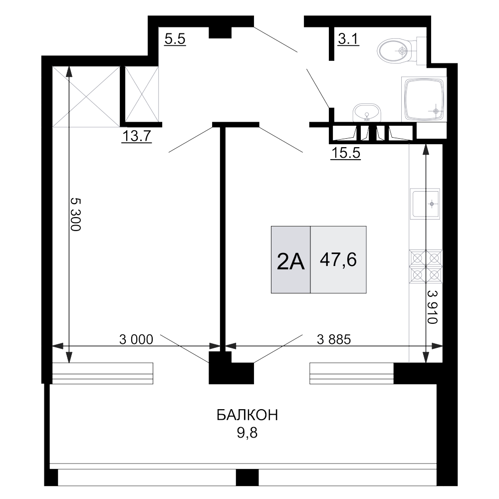Планировка — Гостиничный комплекс Мореград, 2-комн., 38 м²
