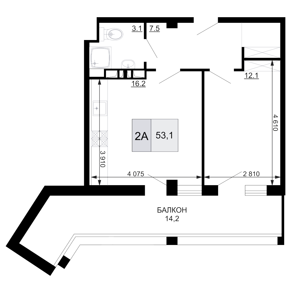 Планировка — Гостиничный комплекс Мореград, 2-комн., 39 м²