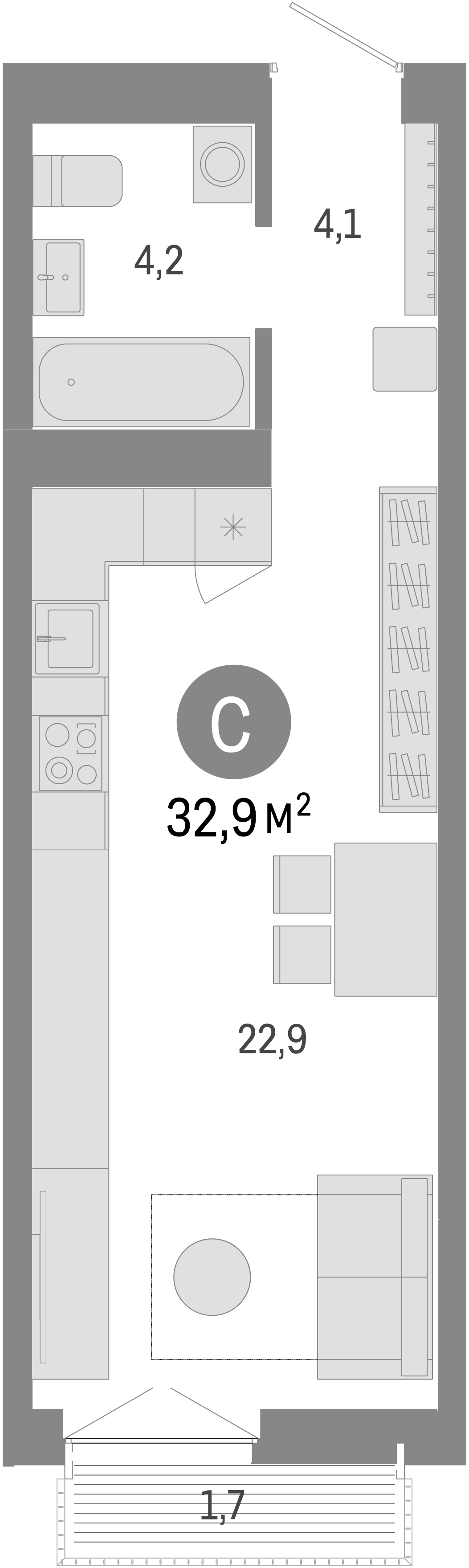 Планировка — Европейский берег, Студия, 31 м²