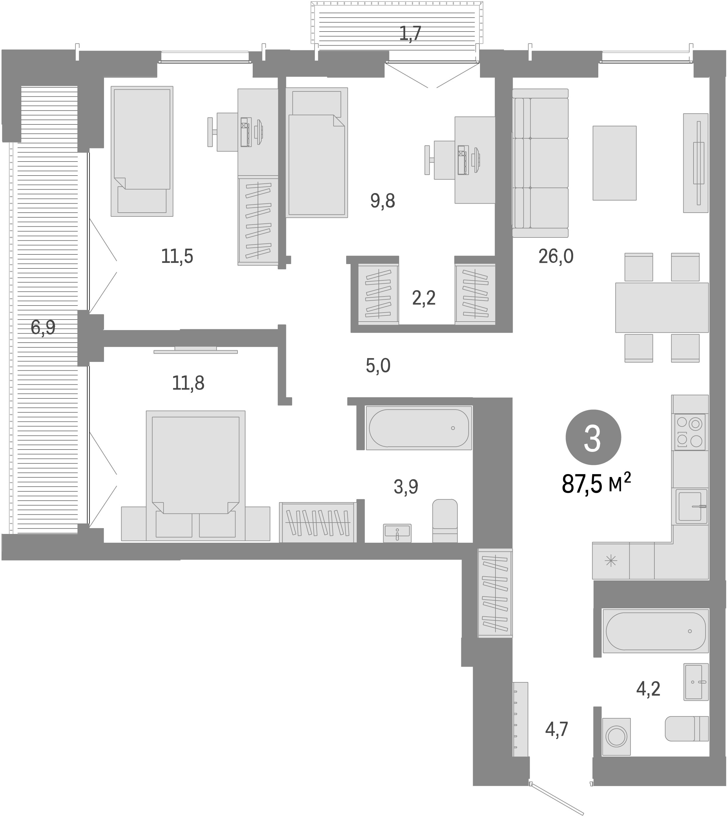Планировка — Европейский берег, 4-комн., 79 м²