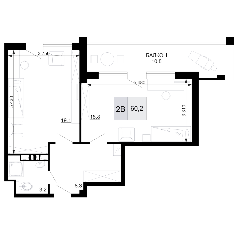Планировка — Гостиничный комплекс Мореград, 2-комн., 49 м²