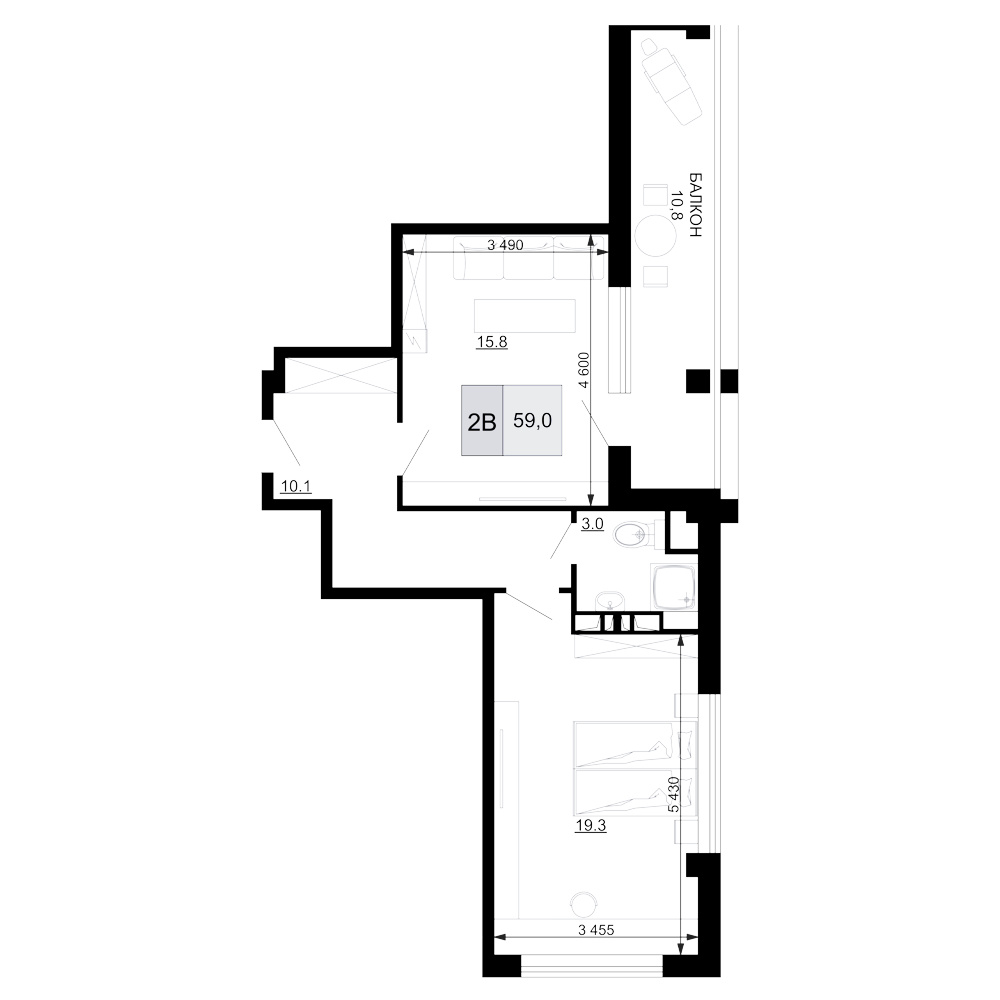 Планировка — Гостиничный комплекс Мореград, 2-комн., 48 м²