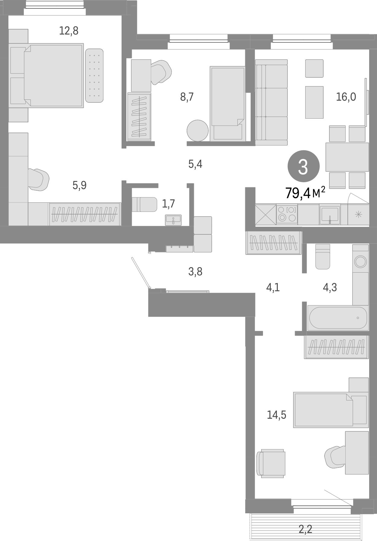 Планировка — Пшеница, 4-комн., 77 м²