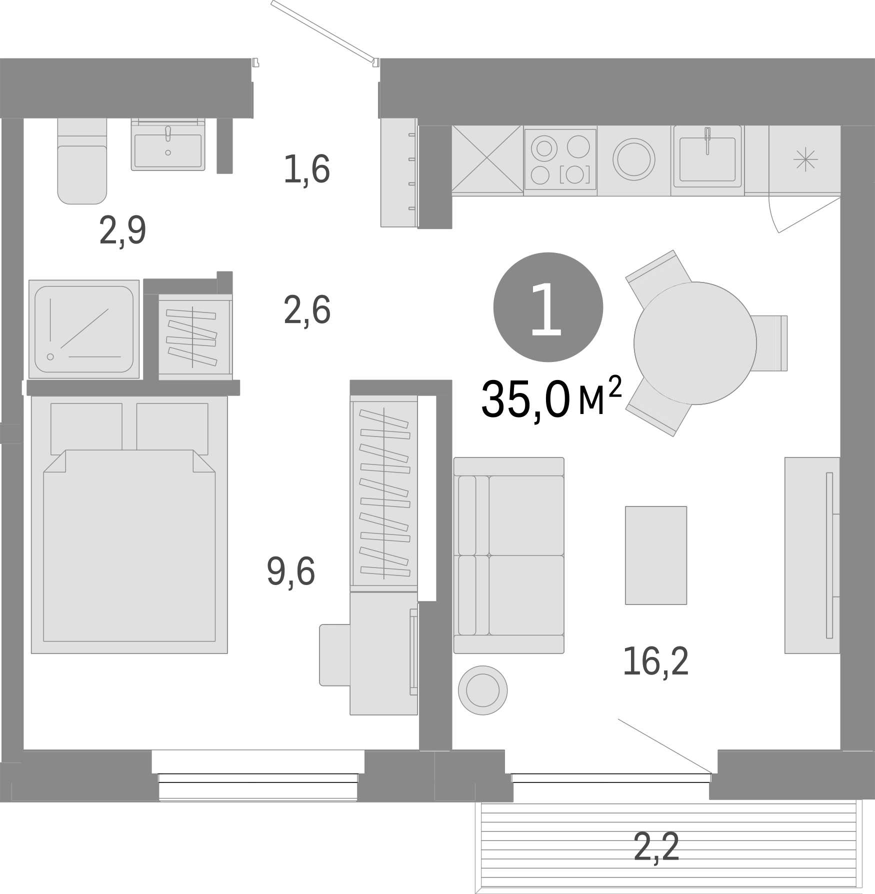 Планировка — Пшеница, 2-комн., 33 м²