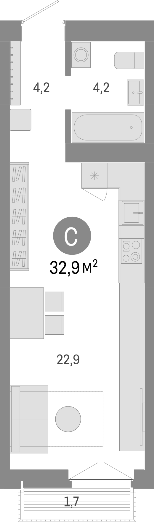 Планировка — Европейский берег, Студия, 31 м²