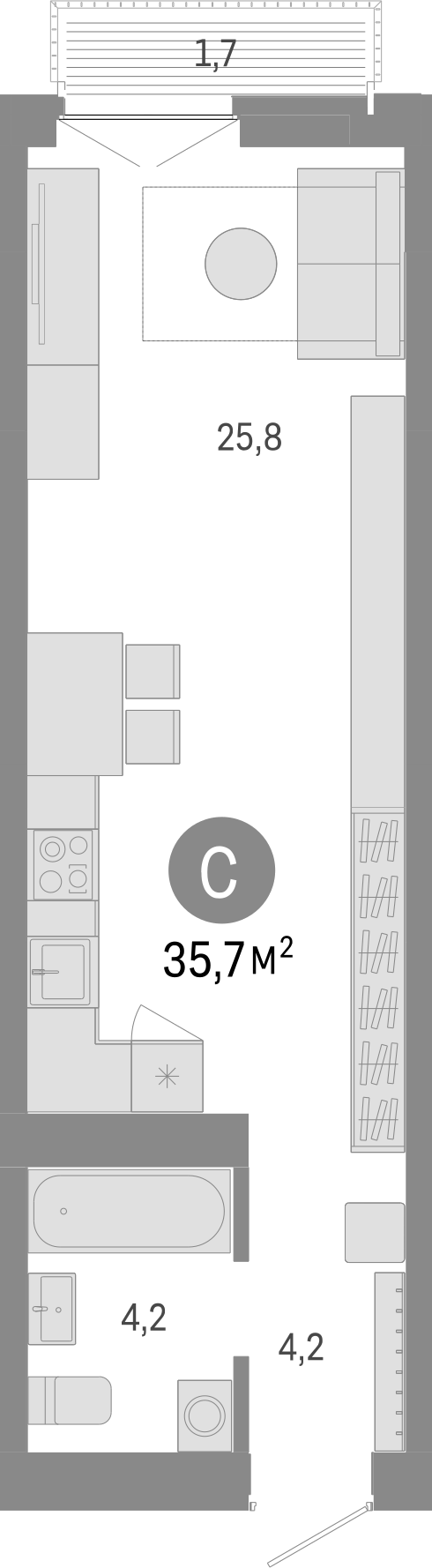 Планировка — Европейский берег, Студия, 34 м²