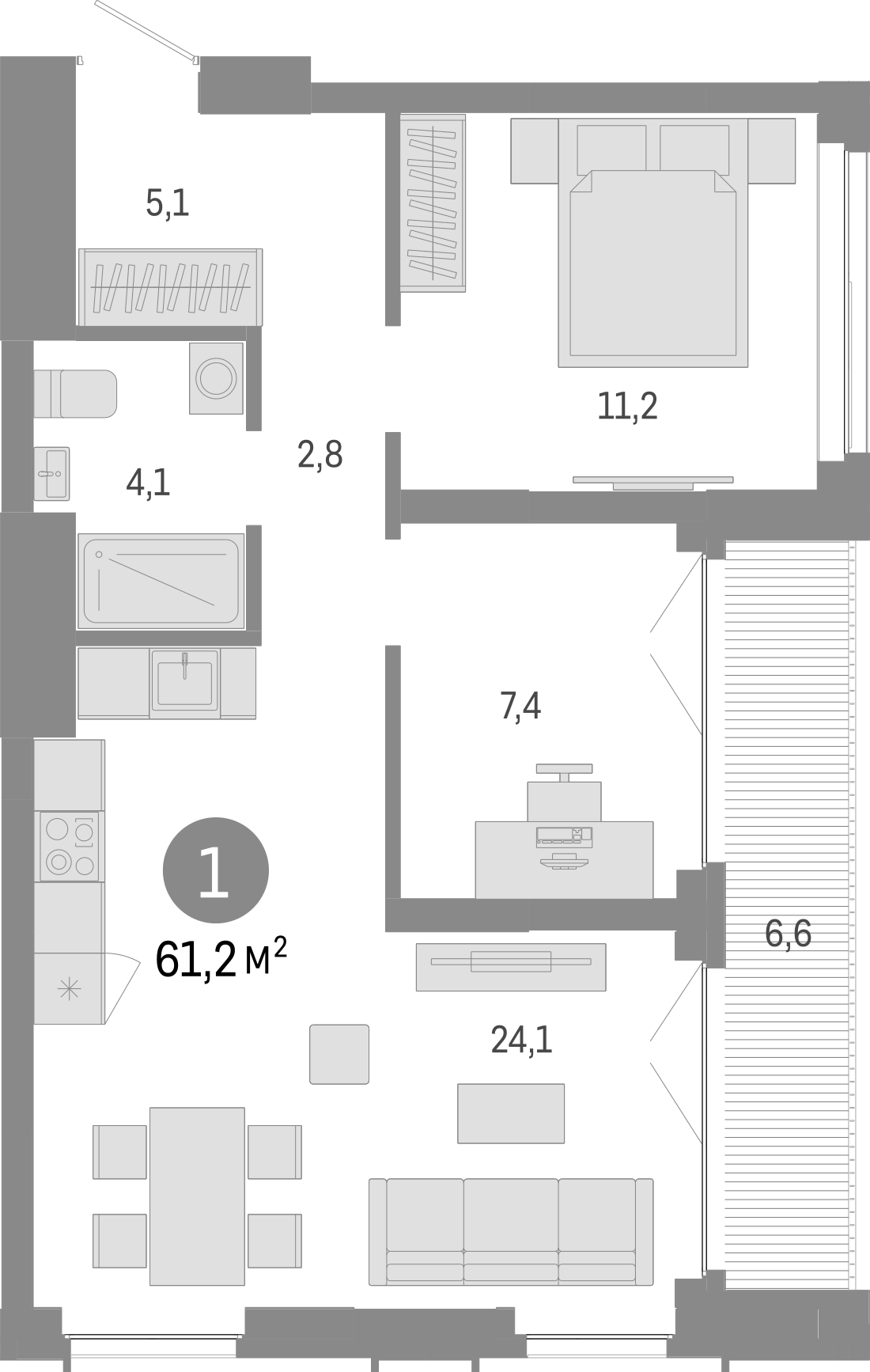 Планировка — Европейский берег, 3-комн., 55 м²