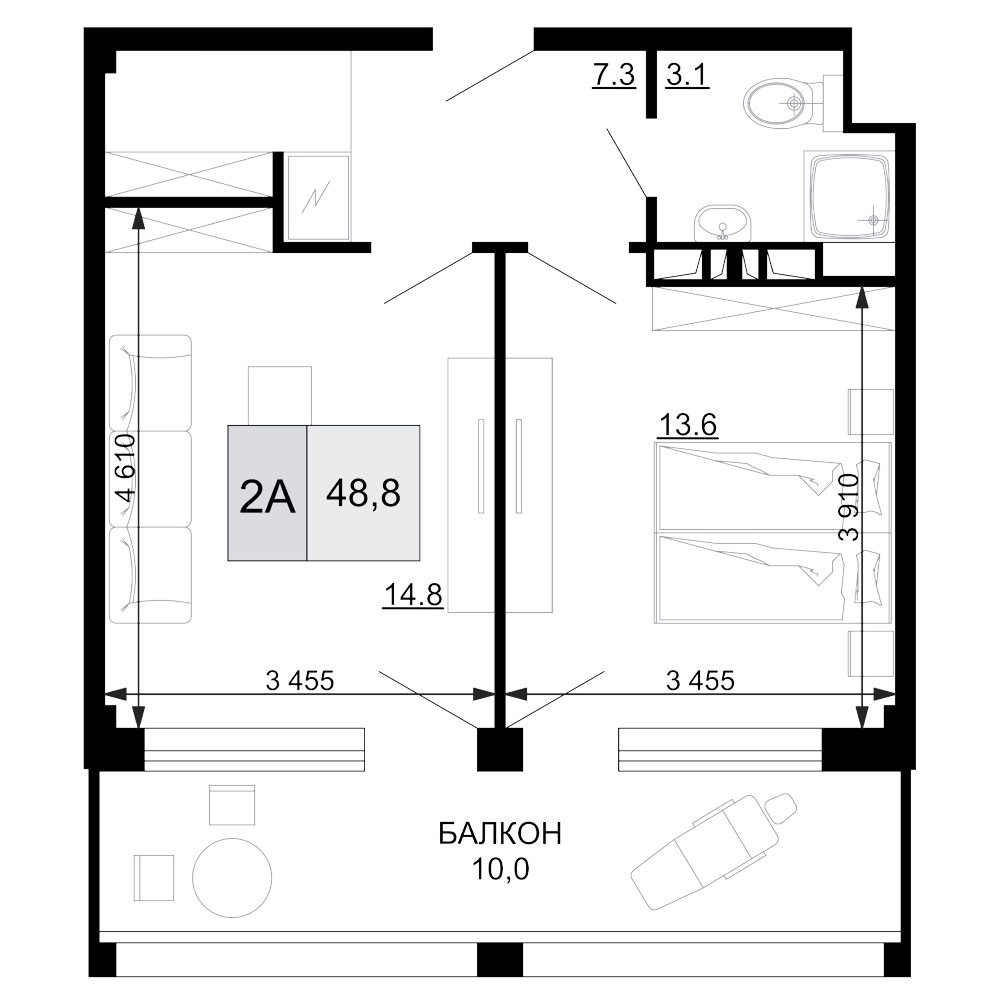 Планировка — Гостиничный комплекс Мореград, 2-комн., 39 м²