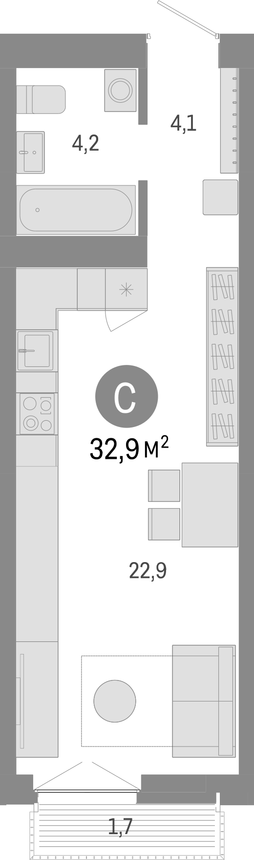 Планировка — Европейский берег, Студия, 31 м²