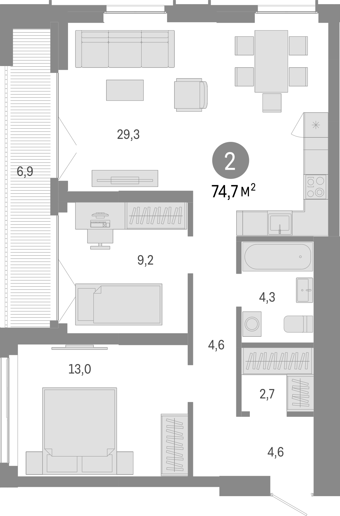 Планировка — Европейский берег, 3-комн., 68 м²