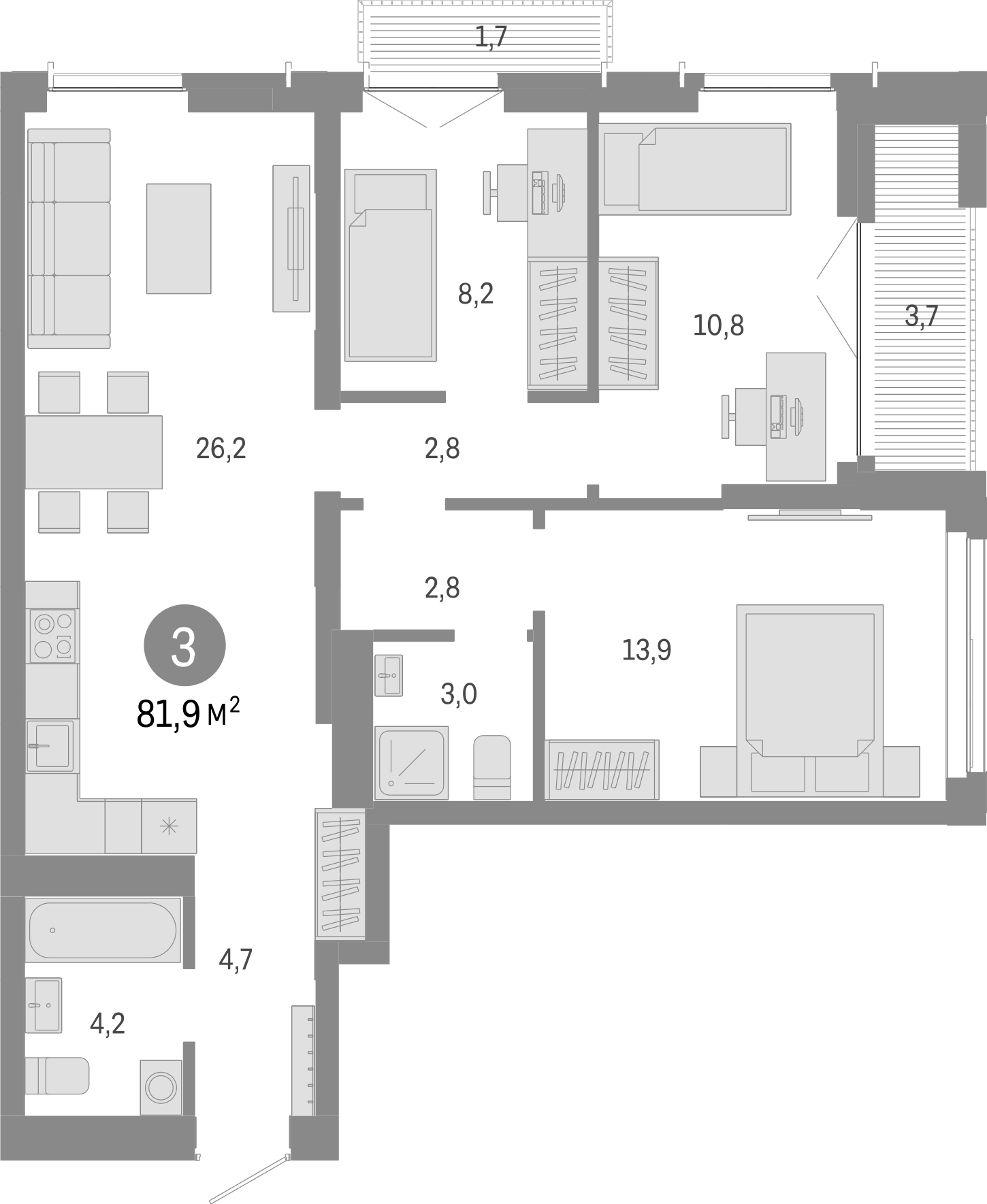 Планировка — Европейский берег, 4-комн., 77 м²