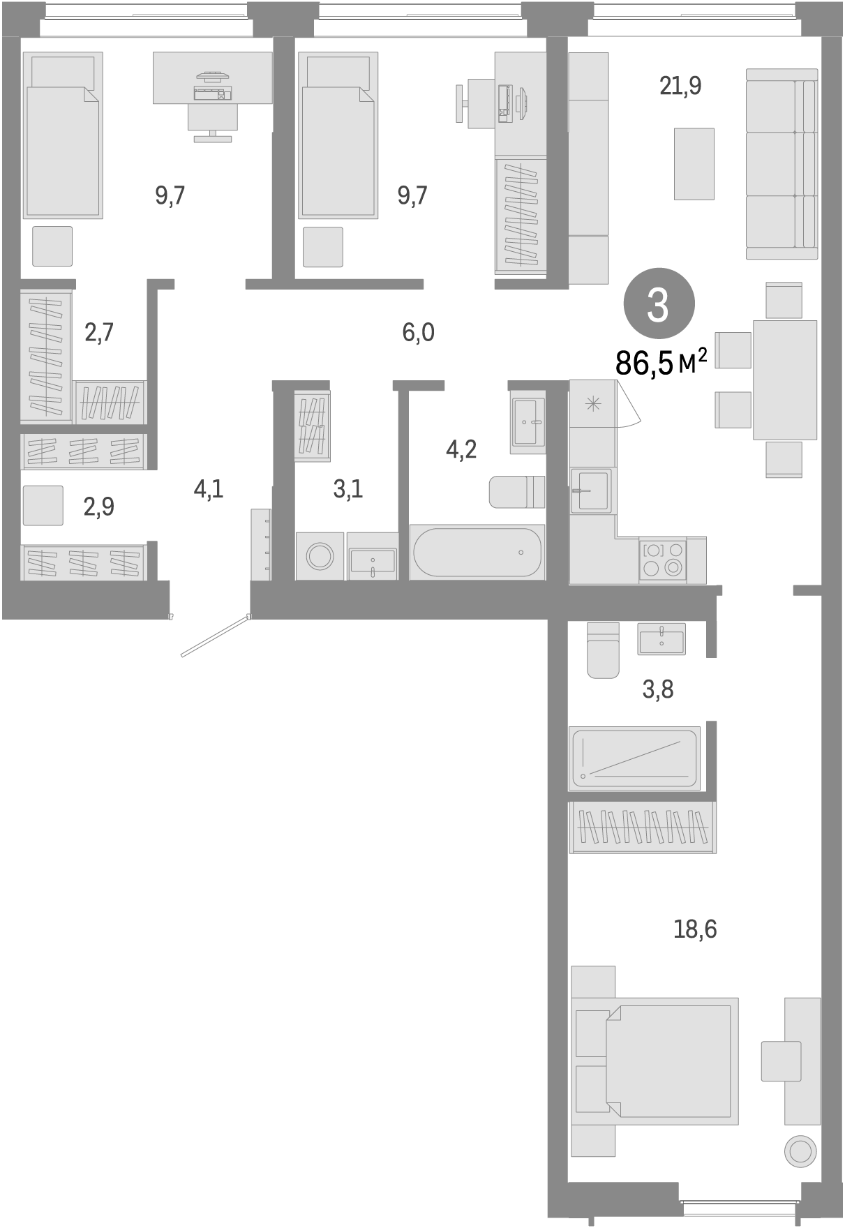Планировка — Европейский берег, 4-комн., 87 м²