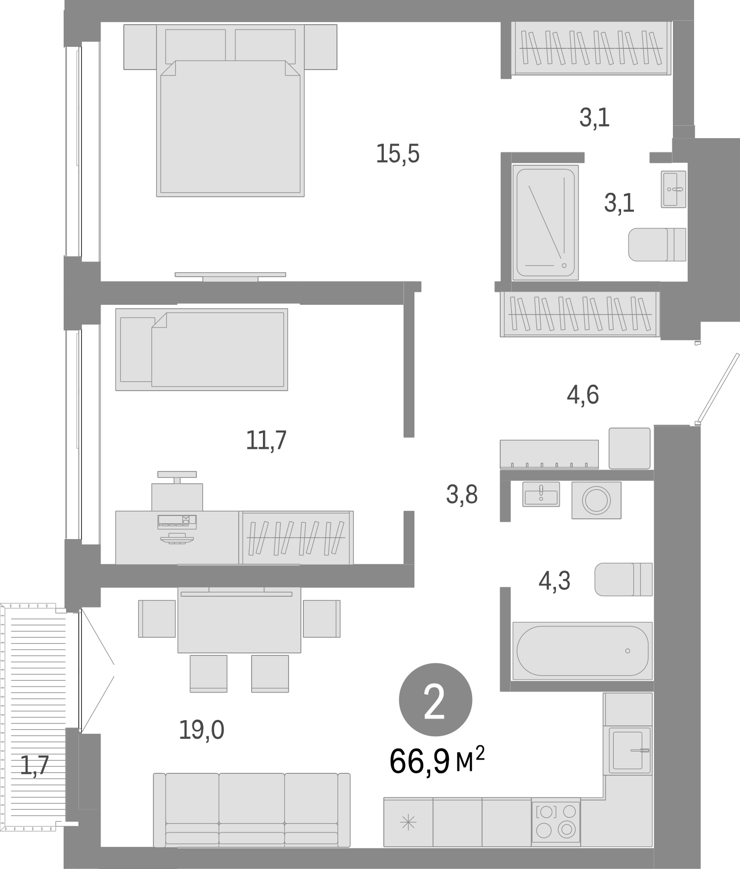 Планировка — Европейский берег, 3-комн., 65 м²