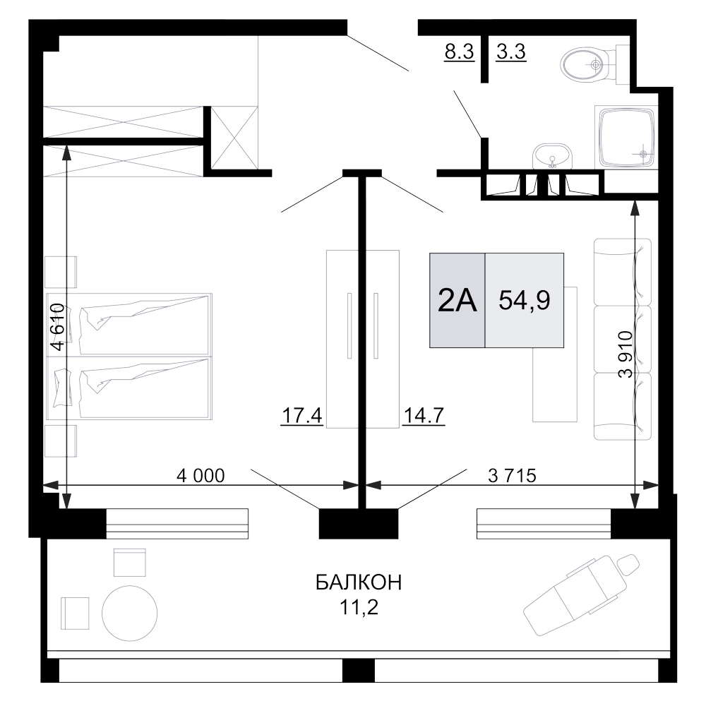 Планировка — Гостиничный комплекс Мореград, 2-комн., 44 м²