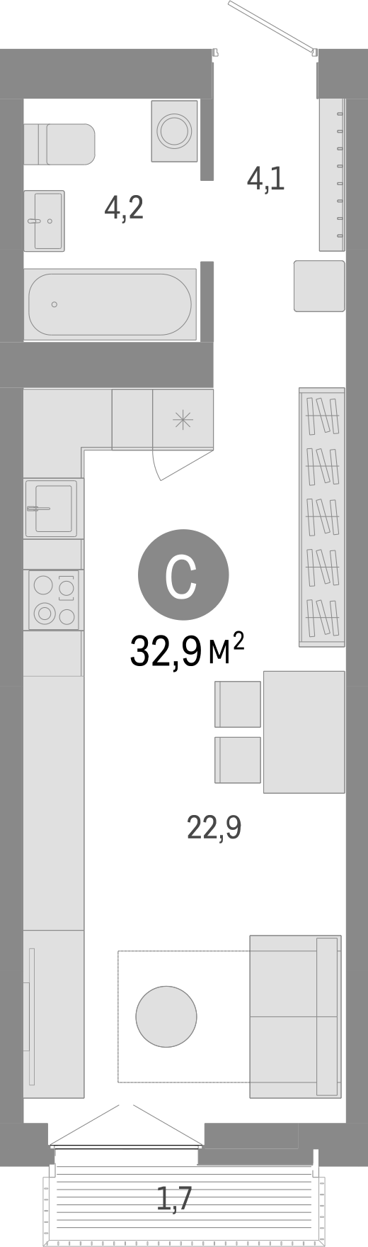 Планировка — Европейский берег, Студия, 31 м²