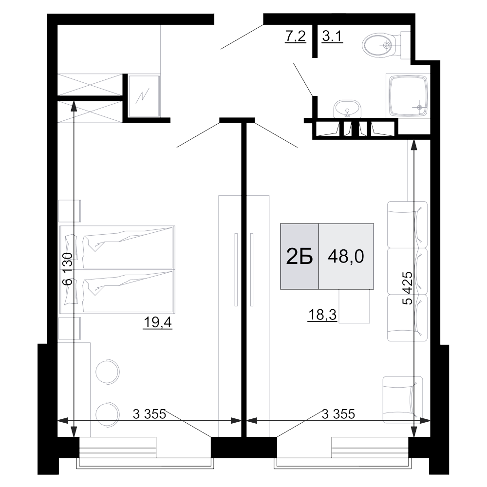 Планировка — Гостиничный комплекс Мореград, 2-комн., 48 м²