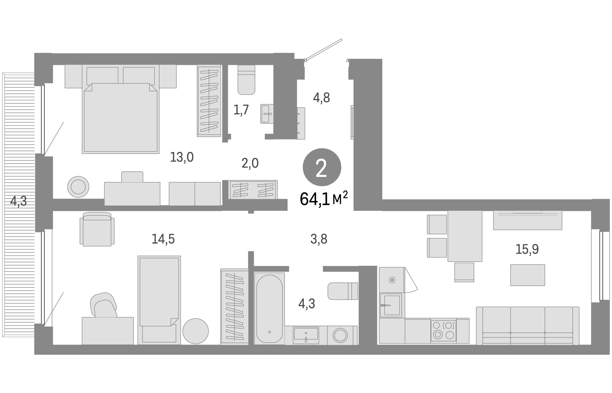 Планировка — Пшеница, 3-комн., 60 м²