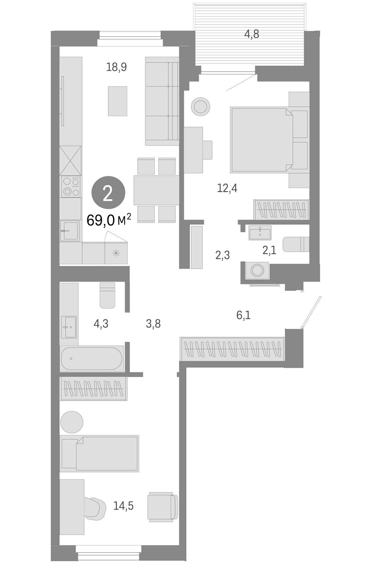 Планировка — Пшеница, 3-комн., 64 м²