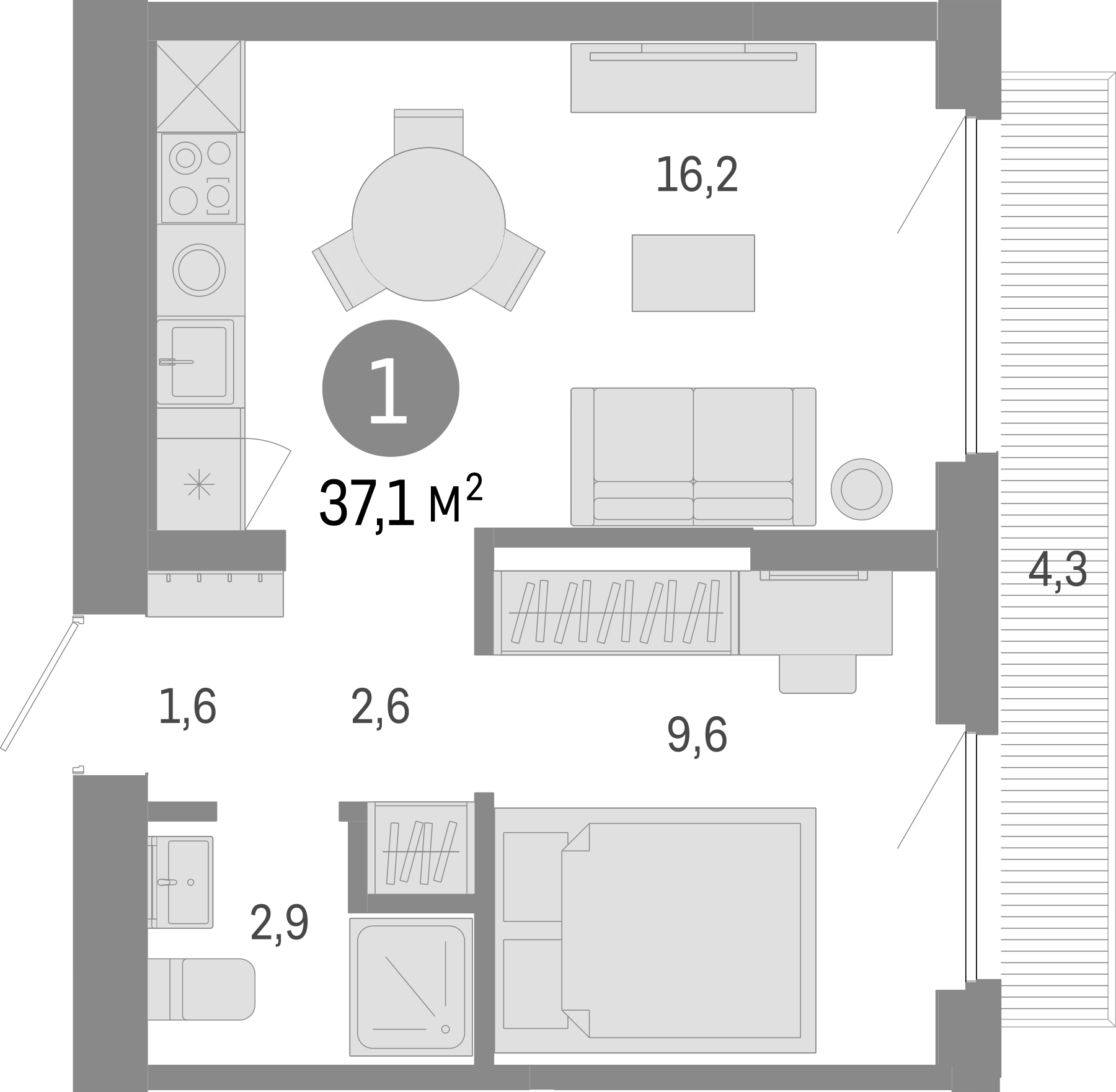 Планировка — Пшеница, 2-комн., 33 м²