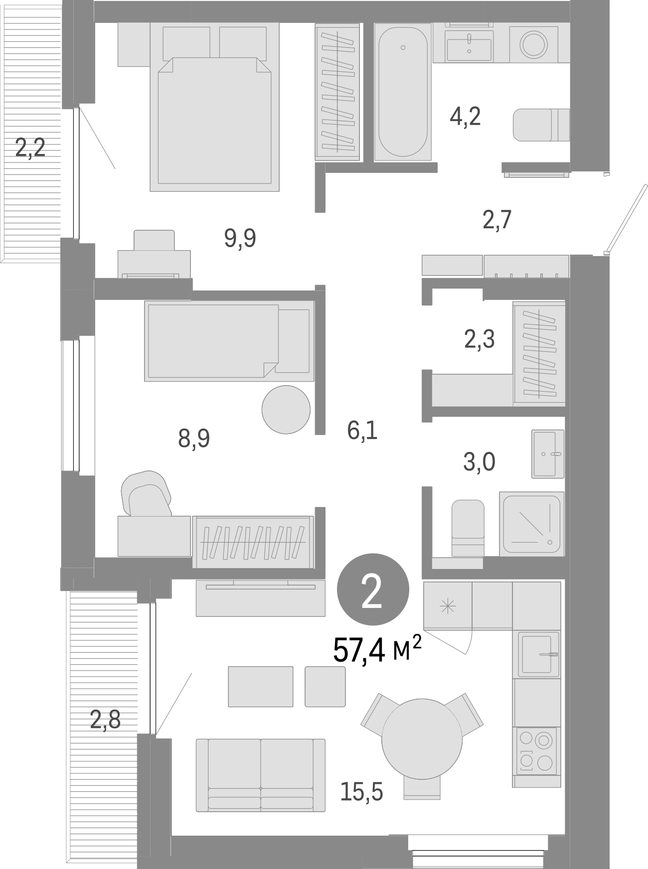 Планировка — Пшеница, 3-комн., 52 м²
