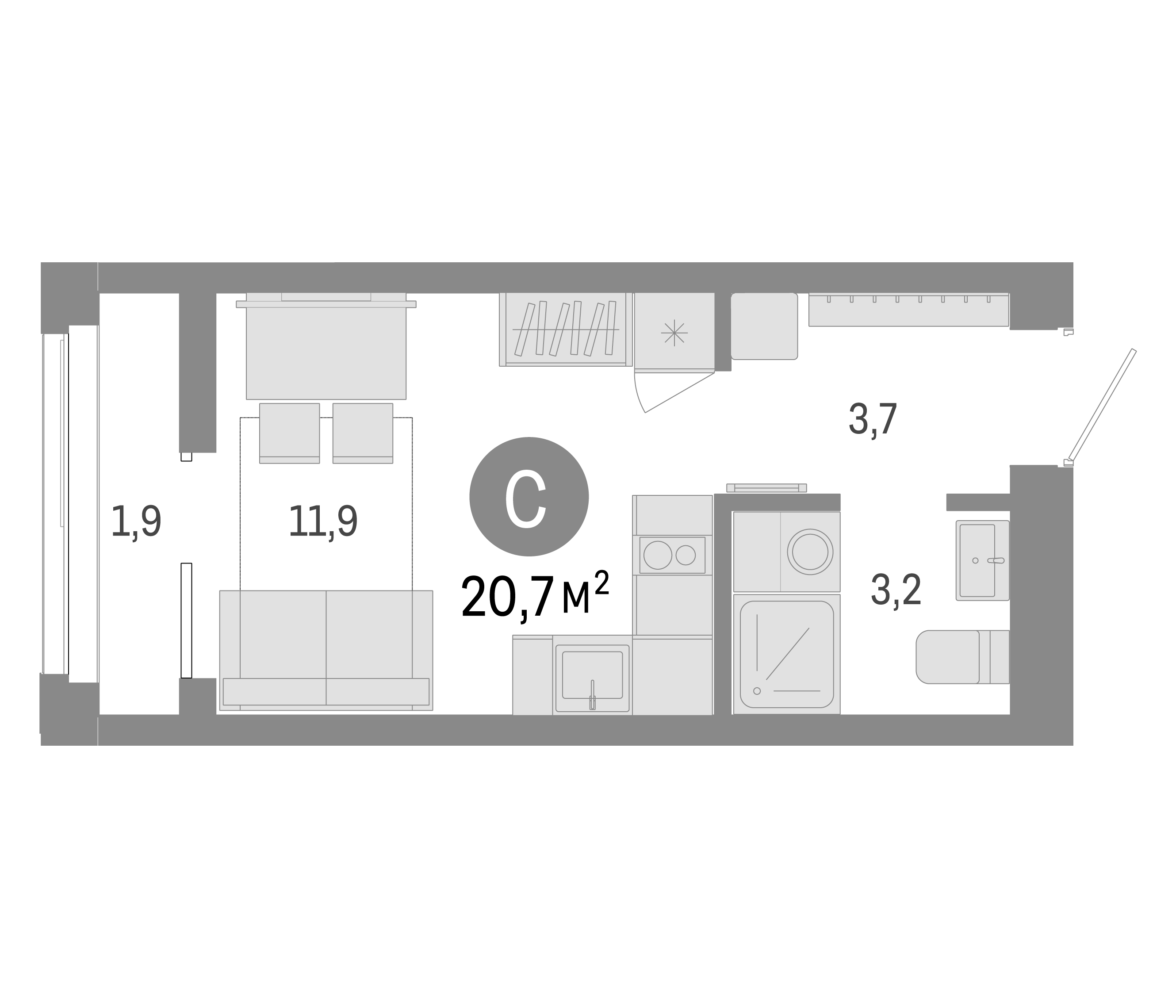 Планировка — Европейский берег, Студия, 19 м²