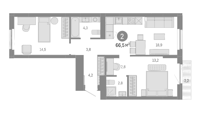 Планировка — Пшеница, 3-комн., 64 м²