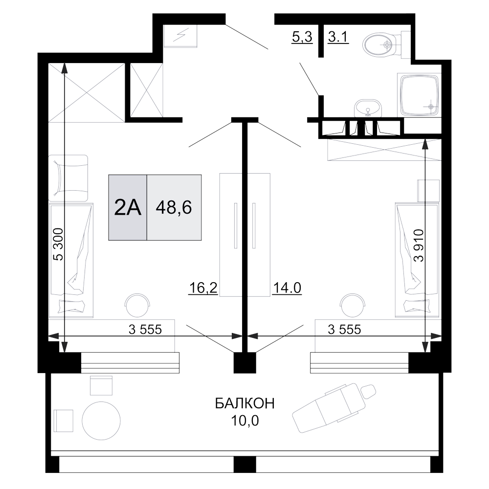 Планировка — Гостиничный комплекс Мореград, 2-комн., 39 м²