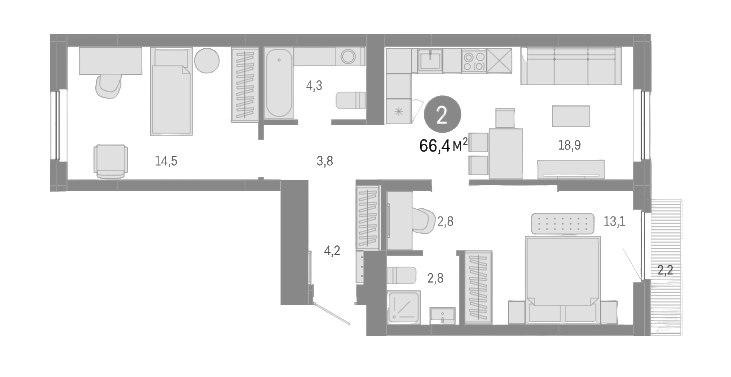 Планировка — Пшеница, 3-комн., 64 м²
