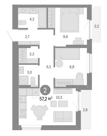Планировка — Пшеница, 3-комн., 52 м²