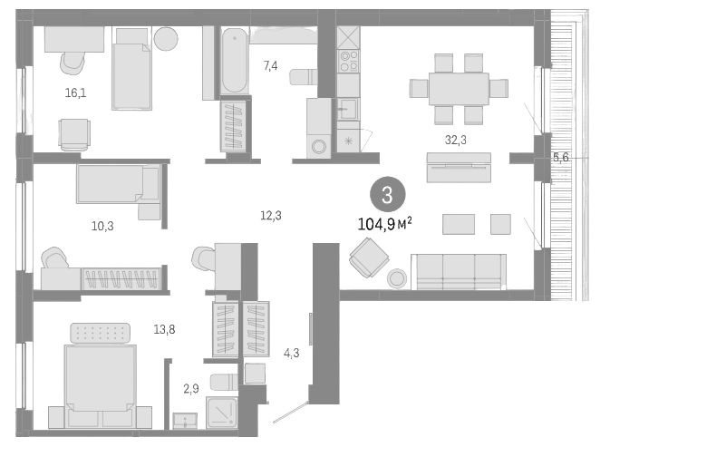 Планировка — Пшеница, 4-комн., 99 м²